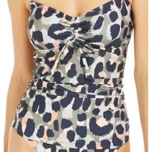 DKNY Womens Green Animal Print Tie Front Swim Top Tankini Small NWT